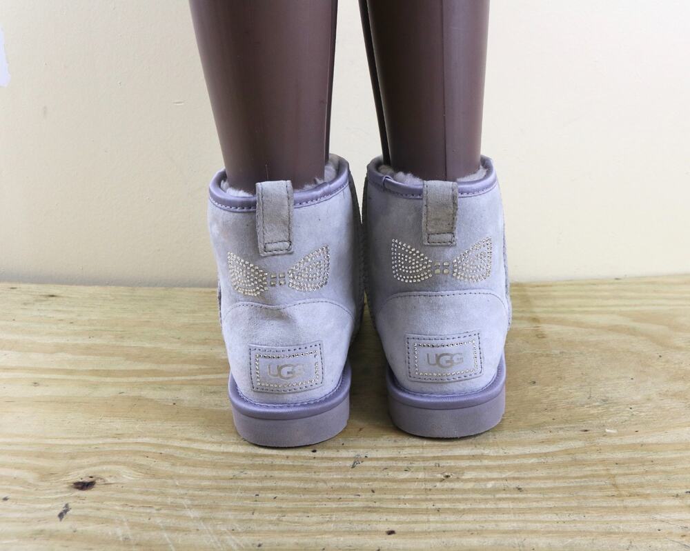 UGG Boots Womens 8 Purple Lilac Suede Classic Mini Crystal Bow Shearling Lined